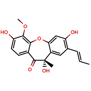 Chemical structure of (7'E,8S)-2',4,8-Trihydroxy-3-methoxy-2,4'-epoxy-8,5'-neolign-7'-en-7-one , CAS 2292113-33-6, AChemBlock AD274773