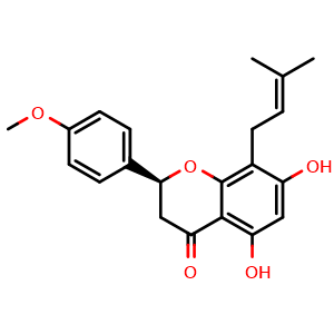 Chemical structure of (S)-5,7-diHydroxy-2-(4-methoxyphenyl)-8-(3-methylbut-2-en-1-yl)chroman-4-one , CAS 120727-36-8, AChemBlock AD274784