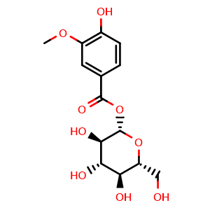 Chemical structure of beta-D-Glucopyranose, 1-(4-hydroxy-3-methoxybenzoate) , CAS 68985-14-8, AChemBlock AD274822