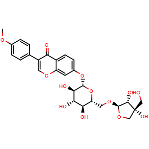 Chemical structure of 7-(((2S,3R,4S,5S,6R)-6-((((2R,3R,4R)-3,4-diHydroxy-4-(hydroxymethyl)tetrahydrofuran-2-yl)oxy)methyl)-3,4,5-trihydroxytetrahydro-2H-pyran-2-yl)oxy)-3-(4-methoxyphenyl)-4H-chromen-4-one , CAS 857677-78-2, AChemBlock AD274838