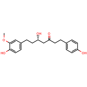 Chemical structure of (S)-5-Hydroxy-7-(4-hydroxy-3-methoxyphenyl)-1-(4-hydroxyphenyl)heptan-3-one , CAS 619297-56-2, AChemBlock AD274878