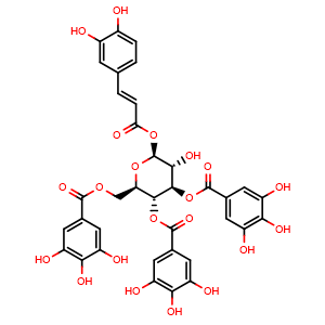 Chemical structure of beta-D-Glucopyranose, 1-[(2E)-3-(3,4-dihydroxyphenyl)-2-propenoate] 3,4,6-tris(3,4,5-trihydroxybenzoate) , CAS 1219501-93-5, AChemBlock AD274922