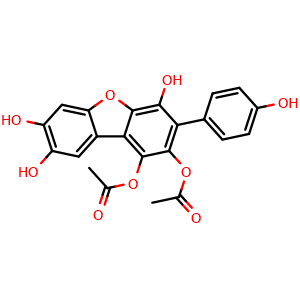 Chemical structure of 1,2-Diacetoxy-4,7,8-trihydroxy-3-(4-hydroxyphenyl)dibenzofuran , CAS 146905-24-0, AChemBlock AD274958