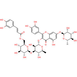 Chemical structure of 3-[[6-Deoxy-3-O-[6-O-[(2E)-3-(3,4-dihydroxyphenyl)-1-oxo-2-propen-1-yl]-beta-D-glucopyranosyl]-alpha-L-mannopyranosyl]oxy]-7-[(6-deoxy-α-L-mannopyranosyl)oxy]-2-(3,4-dihydroxyphenyl)-5-hydroxy-4H-1-benzopyran-4-one , CAS 1459767-44-2, AChemBlock AD274983