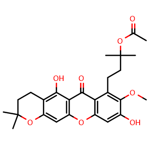 Chemical structure of 7-(3-Acetoxy-3-methyl-butyl)-5,9-dihydroxy-8-methoxy-2,2-dimethyl-3,4-dihydro-2H-pyrano[3,2-b]xanthen-6-one , CAS 26063-98-9, AChemBlock AD275024