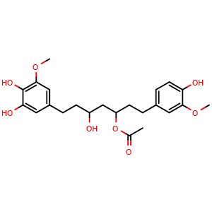 Chemical structure of 1-(3-Methoxy-4-hydroxyphenyl)-3-acetoxy-5-hydroxy-7-(3,4-dihydroxy-5-methoxyphenyl)heptane , CAS 934959-67-8, AChemBlock AD275151