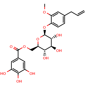 Chemical structure of Eugenol 4-O-beta-D-(6'-O-galloyl) glucopyranoside , CAS 152041-15-1, AChemBlock AD275165