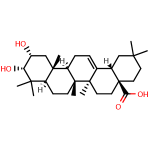 Chemical structure of 2,3-Dihydroxy-12-oleanen-28-oic acid , CAS 26563-68-8, AChemBlock AD275199