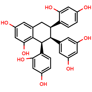 Chemical structure of rel-(6R,7R,8S)-6,8-Bis(2,4-dihydroxyphenyl)-7-(3,5-dihydroxyphenyl)-5,6,7,8-tetrahydro-1,3-naphthalenediol , CAS 62394-00-7, AChemBlock AD275228