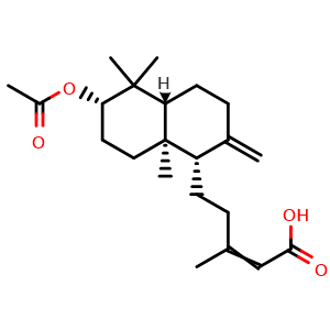 Chemical structure of 5-((1S,4aR,6S,8aR)-6-Acetoxy-5,5,8a-trimethyl-2-methylenedecahydronaphthalen-1-yl)-3-methylpent-2-enoic acid , CAS 63399-37-1, AChemBlock AD275239