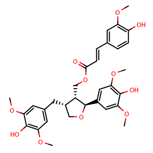 Chemical structure of [(2S,3R,4R)-Tetrahydro-2-(4-hydroxy-3,5-dimethoxyphenyl)-4-[(4-hydroxy-3,5-dimethoxyphenyl)methyl]-3-furanyl]methyl (2E)-3-(4-hydroxy-3-methoxyphenyl)-2-propenoate , CAS 166322-14-1, AChemBlock AD275252