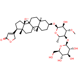 Chemical structure of (3beta,5beta)-3-[(6-Deoxy-4-O-beta-D-glucopyranosyl-3-O-methyl-alpha-L-glucopyranosyl)oxy]-14-hydroxycard-20(22)-enolide , CAS 114586-47-9, AChemBlock AD275256