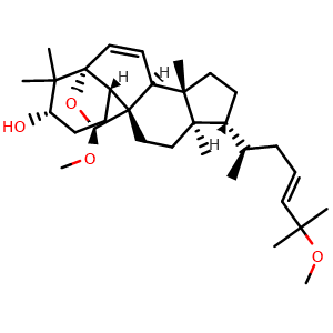 Chemical structure of 19-Norlanosta-6,23-diene-9-carboxaldehyde, 3,5-dihydroxy-25-methoxy-, cyclic 9,5-(methyl acetal), [3beta,5beta,9beta(S),10alpha,23E] , CAS 85372-70-9, AChemBlock AD275271