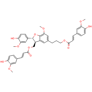 Chemical structure of rel-3-[(2R,3S)-2,3-Dihydro-2-(4-hydroxy-3-methoxyphenyl)-3-[[[(2E)-3-(4-hydroxy-3-methoxyphenyl)-1-oxo-2-propen-1-yl]oxy]methyl]-7-methoxy-5-benzofuranyl]propyl (2E)-3-(4-hydroxy-3-methoxyphenyl)-2-propenoate , CAS 57296-22-7, AChemBlock AD275288