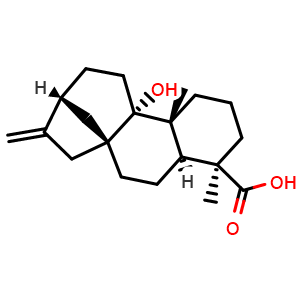 Chemical structure of (4α)-9-Hydroxykaur-16-en-18-oic acid , CAS 77658-38-9, AChemBlock AD275301