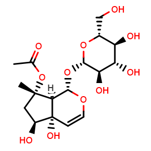 Chemical structure of (1S,4aS,5S,7S,7aS)-7-(Acetyloxy)-1,4a,5,6,7,7a-hexahydro-4a,5-dihydroxy-7-methylcyclopenta[c]pyran-1-yl beta-D-glucopyranoside , CAS 97169-44-3, AChemBlock AD275303