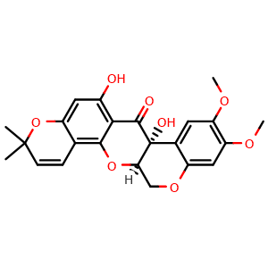 Chemical structure of (7aR,13aR)-13,13a-Dihydro-6,7a-dihydroxy-9,10-dimethoxy-3,3-dimethyl-3H-bis[1]benzopyrano[3,4-b:6′,5′-e]pyran-7(7aH)-one , CAS 72458-85-6, AChemBlock AD275315