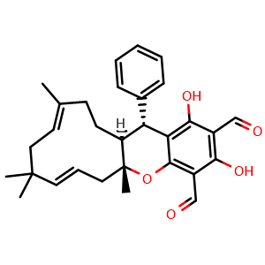 Chemical structure of rel-(5aR,7E,11E,14aS,15R)-5a,6,9,10,13,14,14a,15-Octahydro-1,3-dihydroxy-5a,9,9,12-tetramethyl-15-phenylbenzo[b]cycloundeca[e]pyran-2,4-dicarboxaldehyde , CAS 1414455-03-0, AChemBlock AD275320