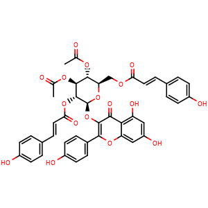 Chemical structure of 4H-1-Benzopyran-4-one, 3-[[3,4-di-O-acetyl-2,6-bis-O-[(2E)-3-(4-hydroxyphenyl)-1-oxo-2-propen-1-yl]-β-D-glucopyranosyl]oxy]-5,7-dihydroxy-2-(4-hydroxyphenyl) , CAS 137018-33-8, AChemBlock AD275340