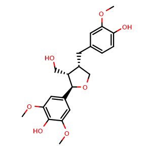 Chemical structure of rel-(2R,3S,4S)-Tetrahydro-2-(4-hydroxy-3,5-dimethoxyphenyl)-4-[(4-hydroxy-3-methoxyphenyl)methyl]-3-furanmethanol , CAS 105256-12-0, AChemBlock AD275350
