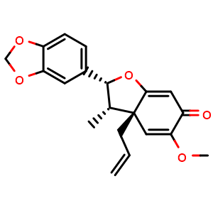 Chemical structure of (2R,3S,3aS)-2-(1,3-Benzodioxol-5-yl)-3,3a-dihydro-5-methoxy-3-methyl-3a-(2-propen-1-yl)-6(2H)-benzofuranone , CAS 57457-99-5, AChemBlock AD275352
