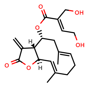 Chemical structure of (3aR,4R,6E,10E,11aR)-6,10-diMethyl-3-methylene-2-oxo-2,3,3a,4,5,8,9,11a-octahydrocyclodeca[b]furan-4-yl (E)-4-hydroxy-2-(hydroxymethyl)but-2-enoate , CAS 6856-01-5, AChemBlock AD275373