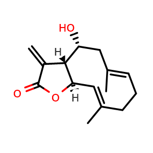 Chemical structure of (3aR,4R,6E,10E,11aR)-3a,4,5,8,9,11a-Hexahydro-4-hydroxy-6,10-dimethyl-3-methylenecyclodeca[b]furan-2(3H)-one , CAS 6750-25-0, AChemBlock AD275380