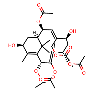 Chemical structure of (2R,3E,5S,7S,8Z,10S,11R,13S)-8-(acetoxymethyl)-7,13-dihydroxy-4,14,15,15-tetramethylbicyclo[9.3.1]pentadeca-1(14),3,8-triene-2,3,5,10-tetrayl tetraacetate , CAS 239800-99-8, AChemBlock AD275383