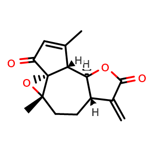 Chemical structure of (3aR,4aS,6aS,9aS,9bR)-5,6,6a,7,9a,9b-Hexahydro-1,4a-dimethyl-7-methylene-3H-oxireno[8,8a]azuleno[4,5-b]furan-3,8(4aH)-dione , CAS 130858-00-3, AChemBlock AD275388