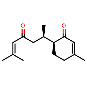 Chemical structure of rel-(S)-3-Methyl-6-((R)-6-methyl-4-oxohept-5-en-2-yl)cyclohex-2-en-1-one , CAS 107439-25-8, AChemBlock AD275401