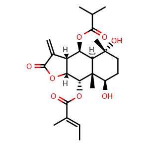Chemical structure of (3aR,4R,4aS,5R,8R,8aR,9S,9aR)-Dodecahydro-5,8-dihydroxy-5,8a-dimethyl-3-methylene-4-(2-methyl-1-oxopropoxy)-2-oxonaphtho[2,3-b]furan-9-yl (2E)-2-methyl-2-butenoate , CAS 175862-40-5, AChemBlock AD275409