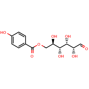 Chemical structure of D-Glucose, 6-(4-hydroxybenzoate) , CAS 202337-44-8, AChemBlock AD275411