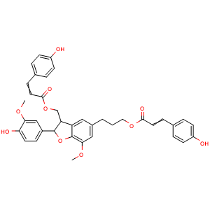 Chemical structure of 3-[2,3-Dihydro-2-(4-hydroxy-3-methoxyphenyl)-3-[[[3-(4-hydroxyphenyl)-1-oxo-2-propen-1-yl]oxy]methyl]-7-methoxy-5-benzofuranyl]propyl 3-(4-hydroxyphenyl)-2-propenoate , CAS 146918-26-5, AChemBlock AD275439