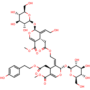 Chemical structure of Methyl (2S,4S,E)-3-(2-hydroxyethylidene)-4-(2-((E)-2-((2S,4S)-4-(2-(4-hydroxyphenethoxy)-2-oxoethyl)-5-(methoxycarbonyl)-2-(((2S,3R,4S,5S,6R)-3,4,5-trihydroxy-6-(hydroxymethyl)tetrahydro-2H-pyran-2-yl)oxy)-2H-pyran-3(4H)-ylidene)ethoxy)-2-oxoethyl)-2.. , CAS 147764-93-0, AChemBlock AD275455