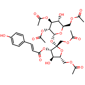 Chemical structure of (2R,3R,4S,5R,6R)-6-(Acetoxymethyl)-2-(((2S,3S,4R,5R)-2,5-bis(acetoxymethyl)-4-hydroxy-3-(((E)-3-(4-hydroxyphenyl)acryloyl)oxy)tetrahydrofuran-2-yl)oxy)-5-hydroxytetrahydro-2H-pyran-3,4-diyl diacetate , CAS 138213-63-5, AChemBlock AD275466