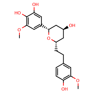 Chemical structure of 5-((2S,4S,6S)-4-Hydroxy-6-(4-hydroxy-3-methoxyphenethyl)tetrahydro-2H-pyran-2-yl)-3-methoxybenzene-1,2-diol , CAS 182369-54-6, AChemBlock AD275467