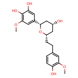 Chemical structure of 5-((2S,4R,6S)-4-Hydroxy-6-(4-hydroxy-3-methoxyphenethyl)tetrahydro-2H-pyran-2-yl)-3-methoxybenzene-1,2-diol , CAS 182227-93-6, AChemBlock AD275475