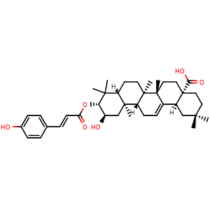 Chemical structure of (2alpha,3beta)-2-Hydroxy-3-[[(2E)-3-(4-hydroxyphenyl)-1-oxo-2-propen-1-yl]oxy]olean-12-en-28-oic acid , CAS 35482-91-8, AChemBlock AD275484