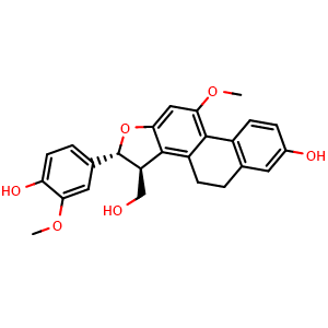 Chemical structure of rel-(+)-(2R,3S)-2,3,4,5-Tetrahydro-7-hydroxy-2-(4-hydroxy-3-methoxyphenyl)-10-methoxyphenanthro[2,1-b]furan-3-methanol , CAS 1454585-39-7, AChemBlock AD275486
