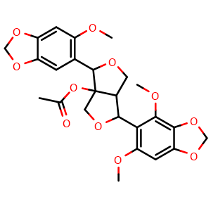 Chemical structure of 1-(4,6-Dimethoxybenzo[d][1,3]dioxol-5-yl)-4-(6-methoxybenzo[d][1,3]dioxol-5-yl)dihydro-1H,3H-furo[3,4-c]furan-3a(4H)-yl acetate , CAS 139405-55-3, AChemBlock AD275488