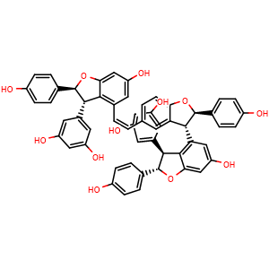 Chemical structure of 5-((2S,3S)-4-((Z)-2-((2R,2'S,3R,3'S)-3'-(3,5-Dihydroxyphenyl)-6'-hydroxy-2,2'-bis(4-hydroxyphenyl)-2,2',3,3'-tetrahydro-[3,4'-bibenzofuran]-5-yl)vinyl)-6-hydroxy-2-(4-hydroxyphenyl)-2,3-dihydrobenzofuran-3-yl)benzene-1,3-diol , CAS 142507-86-6, AChemBlock AD275494