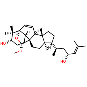 Chemical structure of (3S,5R,8S,9S,10S,13R,14S,17R,18R)-17-((2R,4R)-4-Hydroxy-6-methylhept-5-en-2-yl)-18-methoxy-4,4,13,14-tetramethyl-1,3,4,8,10,11,12,13,14,15,16,17-dodecahydro-2H-5,9-(epoxymethano)cyclopenta[a]phenanthren-3-ol , CAS 2185847-09-8, AChemBlock AD275499