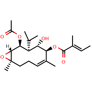 Chemical structure of (1R,2S,3S,4S,5S,10R)-2-(Acetyloxy)-4-hydroxy-6,10-dimethyl-3-(1-methylethyl)-11-oxabicyclo[8.1.0]undec-6-en-5-yl (2E)-2-methyl-2-butenoate , CAS 1233534-41-2, AChemBlock AD275520