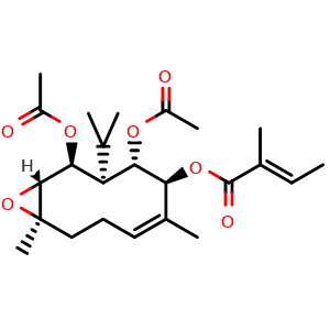 Chemical structure of (1R,2S,3S,4S,5S,10R)-2,4-Bis(acetyloxy)-6,10-dimethyl-3-(1-methylethyl)-11-oxabicyclo[8.1.0]undec-6-en-5-yl (2E)-2-methyl-2-butenoate , CAS 1233534-43-4, AChemBlock AD275521