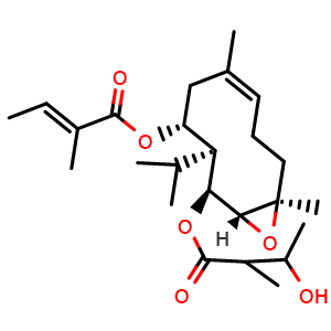Chemical structure of (1R,2S,3S,4R,10R)-2-(3-Hydroxy-2-methyl-1-oxobutoxy)-6,10-dimethyl-3-(1-methylethyl)-11-oxabicyclo[8.1.0]undec-6-en-4-yl (2E)-2-methyl-2-butenoate , CAS 1233534-55-8, AChemBlock AD275524