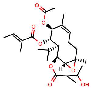 Chemical structure of (1R,2S,3S,4S,5S,10R)-5-(Acetyloxy)-2-(3-hydroxy-2-methyl-1-oxobutoxy)-6,10-dimethyl-3-(1-methylethyl)-11-oxabicyclo[8.1.0]undec-6-en-4-yl (2E)-2-methyl-2-butenoate , CAS 1233534-53-6, AChemBlock AD275525