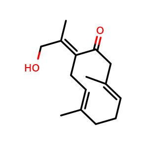 Chemical structure of (3E,7E,10E)-10-(2-Hydroxy-1-methylethylidene)-3,7-dimethyl-3,7-cyclodecadien-1-one , CAS 103994-29-2, AChemBlock AD275526