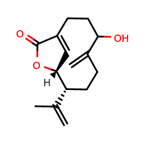 Chemical structure of rel-(+)-(8R,9R)-4-Hydroxy-5-methylene-8-(1-methylethenyl)-10-oxabicyclo[7.2.1]dodec-12-en-11-one , CAS 327185-00-2, AChemBlock AD275529