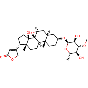 Chemical structure of Card-20(22)-enolide, 3-[(6-deoxy-3-O-methyl-alpha-L-glucopyranosyl)oxy]-7,8-epoxy-14-hydroxy-, (3beta,5beta,7beta,17alpha) , CAS 111614-46-1, AChemBlock AD275531
