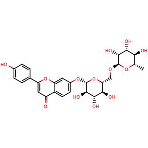 Chemical structure of 2-(4-Hydroxyphenyl)-7-(((2S,3R,4S,5S,6R)-3,4,5-trihydroxy-6-((((2R,3R,4R,5R,6S)-3,4,5-trihydroxy-6-methyltetrahydro-2H-pyran-2-yl)oxy)methyl)tetrahydro-2H-pyran-2-yl)oxy)-4H-chromen-4-one , CAS 2055239-29-5, AChemBlock AD275535